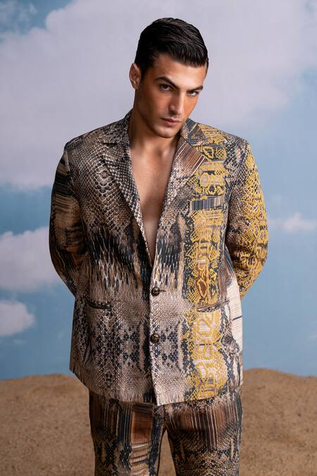 Nikita Mhaisalkar_Multi Color Hemp Embroidery Python Print Pantsuit With _at_Aza_Fashions