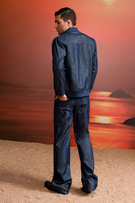 Shop_Nikita Mhaisalkar_Blue Hemp, Denim Indigo Bomber Jacket And Pants Set _at_Aza_Fashions