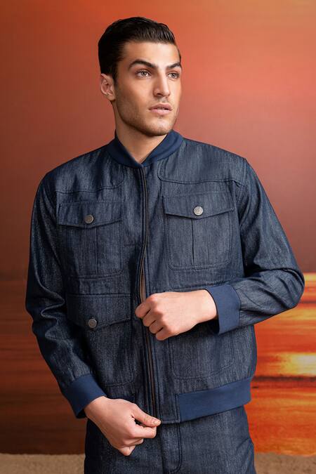Nikita Mhaisalkar_Blue Hemp, Denim Indigo Bomber Jacket And Pants Set _Online_at_Aza_Fashions