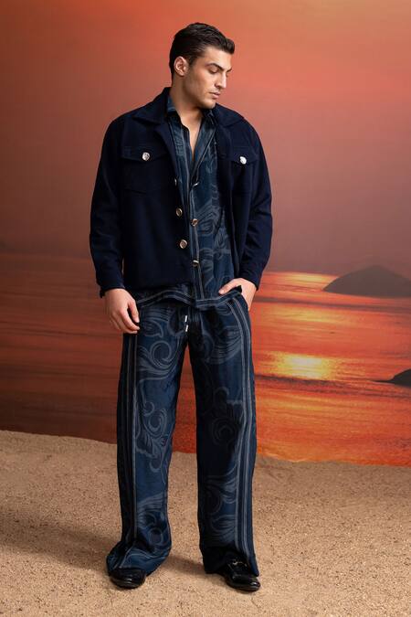 Shop_Nikita Mhaisalkar_Blue Corduroy Indigo Jacket _at_Aza_Fashions