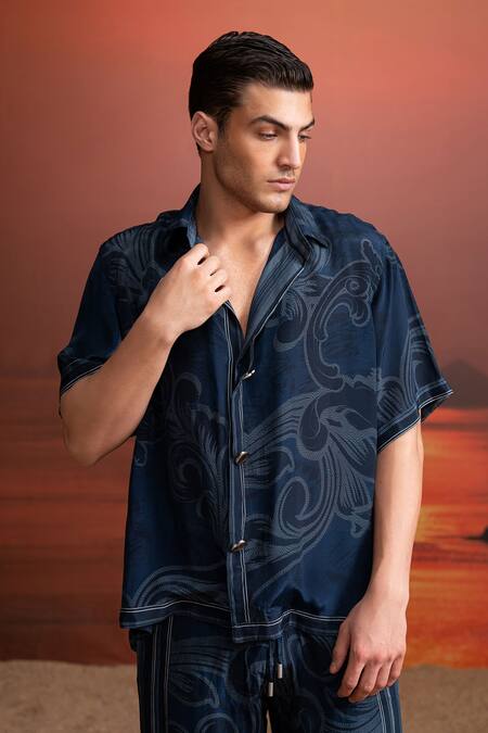 Nikita Mhaisalkar_Blue Silk, Crepe Indigo Printed Coord Set _Online_at_Aza_Fashions
