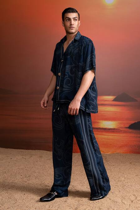 Buy_Nikita Mhaisalkar_Blue Silk, Crepe Indigo Printed Coord Set _Online_at_Aza_Fashions