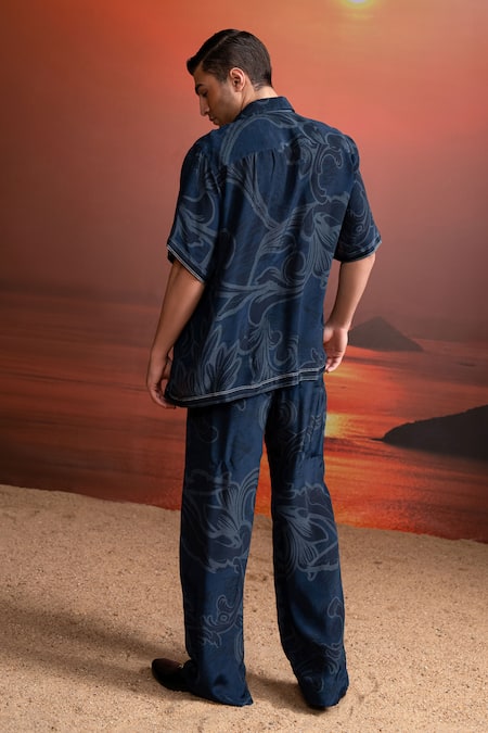 Shop_Nikita Mhaisalkar_Blue Silk, Crepe Indigo Printed Coord Set _at_Aza_Fashions