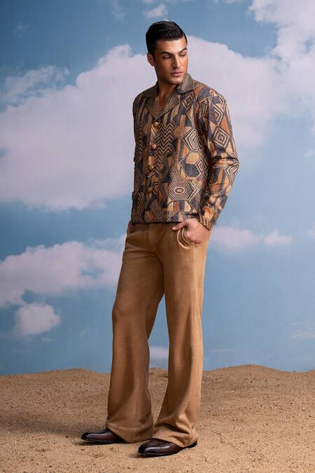 Nikita Mhaisalkar Brown Hemp, Denim Geometric Print Shacket Online at Aza Fashions Nikita Mhaisalkar_Brown Hemp, Denim Geometric Print Shacket _Online_at_Aza_Fashions