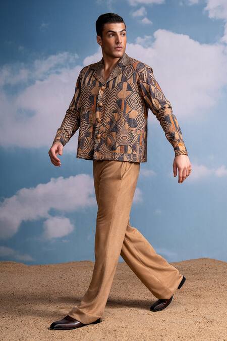 Shop Nikita Mhaisalkar Brown Hemp, Denim Geometric Print Shacket Online at Aza Fashions Shop_Nikita Mhaisalkar_Brown Hemp, Denim Geometric Print Shacket _Online_at_Aza_Fashions