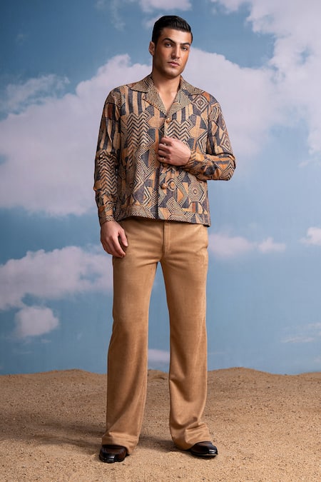 Shop Nikita Mhaisalkar Brown Hemp, Denim Geometric Print Shacket at Aza Fashions Shop_Nikita Mhaisalkar_Brown Hemp, Denim Geometric Print Shacket _at_Aza_Fashions