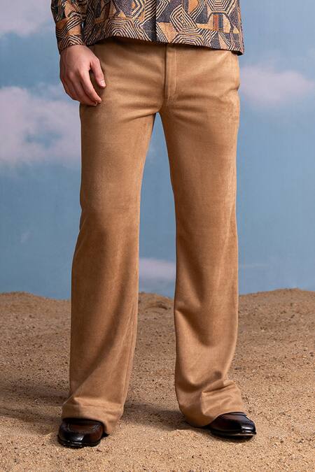 Nikita Mhaisalkar_Brown Suede Caramel Casual Trousers _Online_at_Aza_Fashions