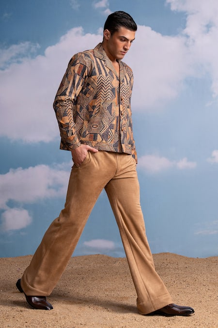 Shop_Nikita Mhaisalkar_Brown Suede Caramel Casual Trousers _at_Aza_Fashions