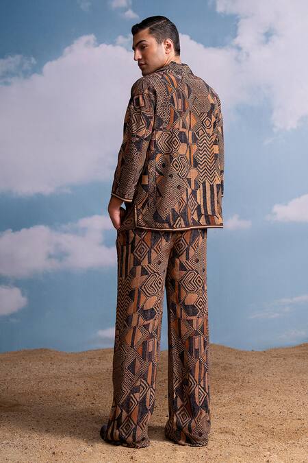 Shop_Nikita Mhaisalkar_Brown Silk, Crepe Geometric Print Pant Set _at_Aza_Fashions
