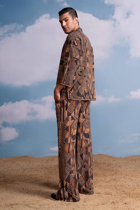 Nikita Mhaisalkar_Brown Silk, Crepe Geometric Print Pant Set _Online_at_Aza_Fashions