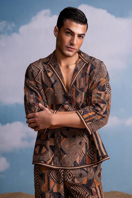 Buy_Nikita Mhaisalkar_Brown Silk, Crepe Geometric Print Pant Set _Online_at_Aza_Fashions