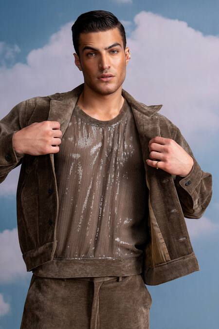 Shop Nikita Mhaisalkar Brown Corduroy Jacket Online at Aza Fashions Shop_Nikita Mhaisalkar_Brown Corduroy Jacket _Online_at_Aza_Fashions