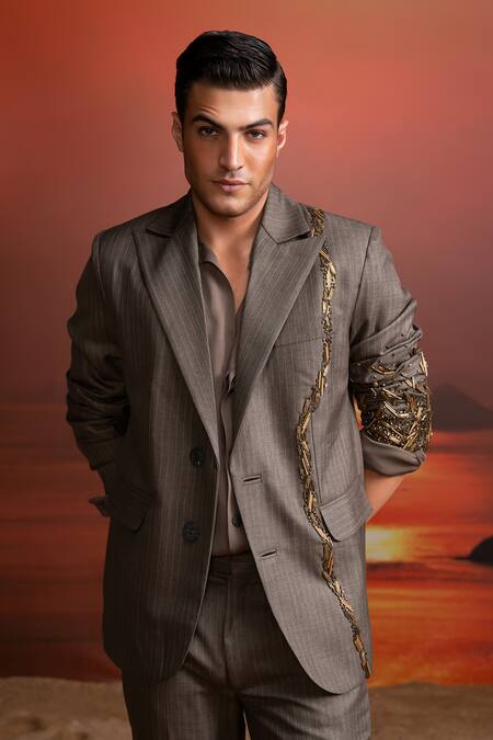 Nikita Mhaisalkar Gray Linen Beads Grey Pinstriped Embroidered Pantsuit Online at Aza Fashions Nikita Mhaisalkar_Gray Linen Beads Grey Pinstriped Embroidered Pantsuit _Online_at_Aza_Fashions