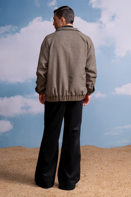 Shop Nikita Mhaisalkar Brown Checks Bomber Jacket at Aza Fashions Shop_Nikita Mhaisalkar_Brown Checks Bomber Jacket _at_Aza_Fashions