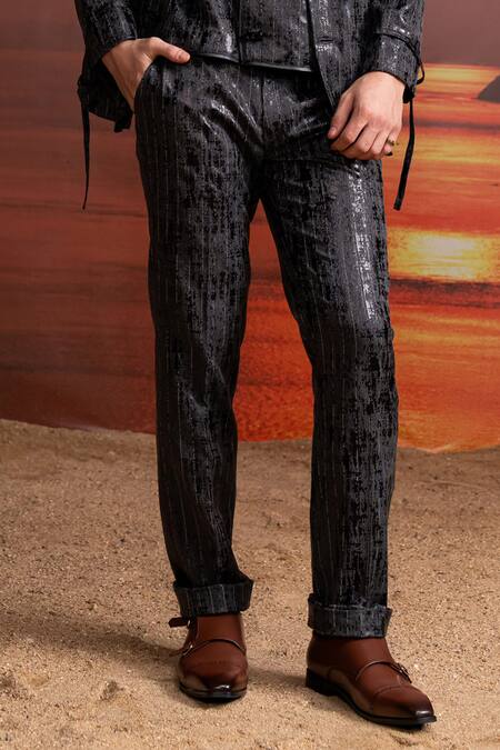 Nikita Mhaisalkar_Charcoal Satin Textured Pantsuit Set _Online_at_Aza_Fashions