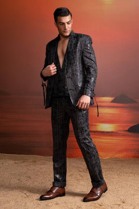 Buy_Nikita Mhaisalkar_Charcoal Satin Textured Pantsuit Set _Online_at_Aza_Fashions