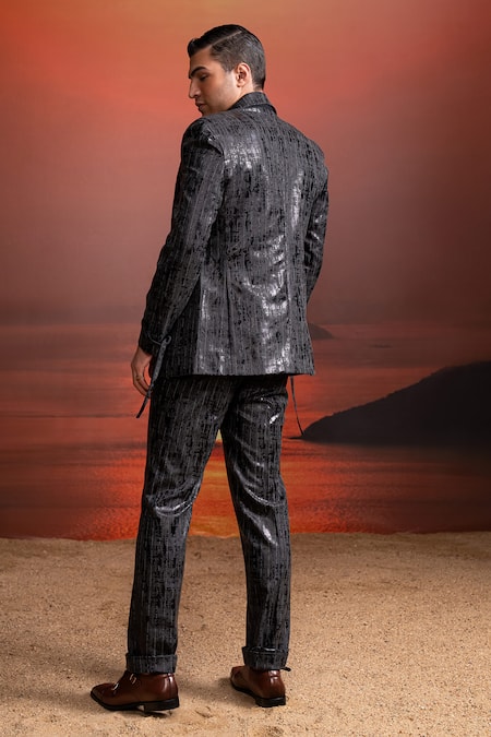 Shop_Nikita Mhaisalkar_Charcoal Satin Textured Pantsuit Set _at_Aza_Fashions