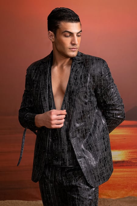 Shop_Nikita Mhaisalkar_Charcoal Satin Textured Pantsuit Set _Online_at_Aza_Fashions