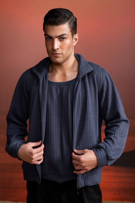 Nikita Mhaisalkar_Gray Kota Doria Grey Knit Jacket _at_Aza_Fashions