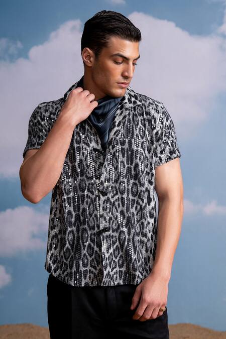 Buy_Nikita Mhaisalkar_Gray Spandex Sequins Animal Print Shirt _Online_at_Aza_Fashions