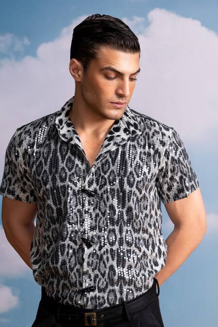 Shop_Nikita Mhaisalkar_Gray Spandex Sequins Animal Print Shirt _Online_at_Aza_Fashions