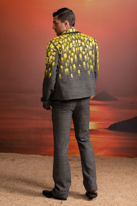 Shop_Nikita Mhaisalkar_Gray Linen Beads Designer Grey Checks Pantsuit With Embroidery _at_Aza_Fashions