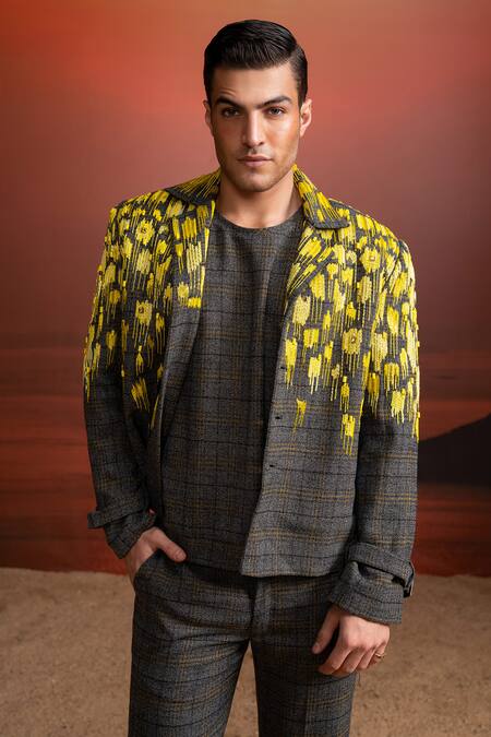 Nikita Mhaisalkar_Gray Linen Beads Designer Grey Checks Pantsuit With Embroidery _at_Aza_Fashions