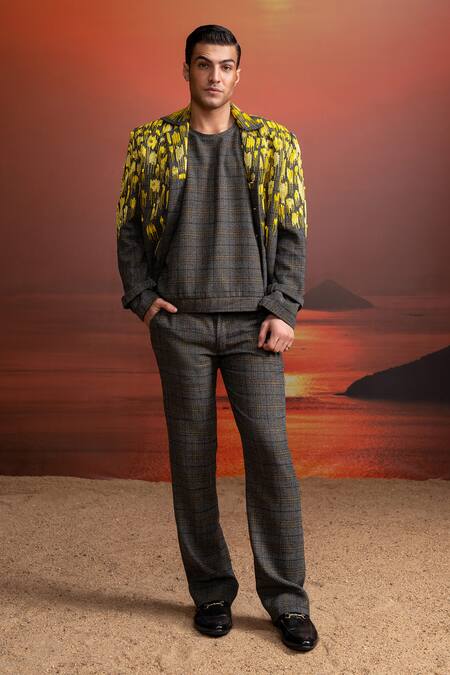 Shop_Nikita Mhaisalkar_Gray Grey Check Vest _at_Aza_Fashions