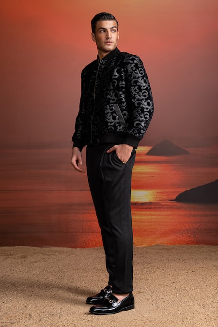 Nikita Mhaisalkar_Black Velvet Applique Bomber Jacket _Online_at_Aza_Fashions