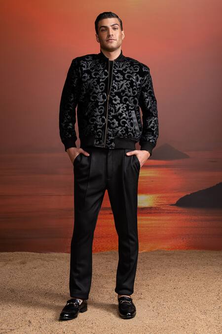 Buy_Nikita Mhaisalkar_Black Velvet Applique Bomber Jacket _Online_at_Aza_Fashions