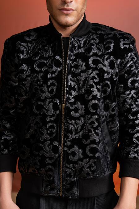 Shop_Nikita Mhaisalkar_Black Velvet Applique Bomber Jacket _Online_at_Aza_Fashions