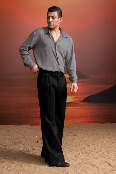 Shop_Nikita Mhaisalkar_Black Suede Noir Casual Trousers _Online_at_Aza_Fashions