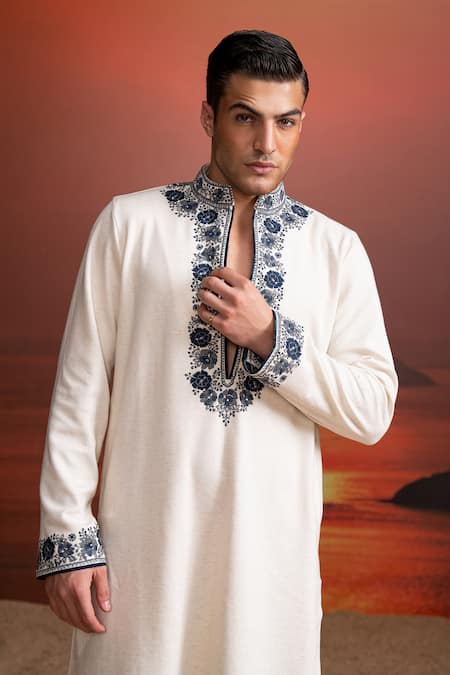 Nikita Mhaisalkar_Ivory Hemp, Cotton Embroidery Indigo Kurta Set _Online_at_Aza_Fashions