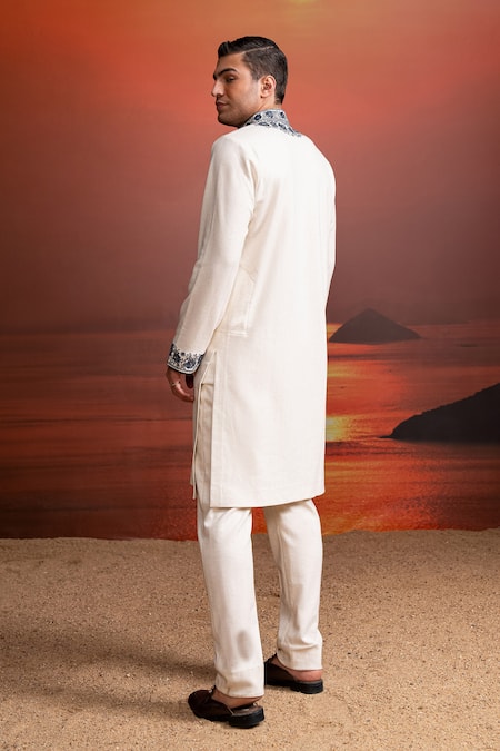 Shop_Nikita Mhaisalkar_Ivory Hemp, Cotton Embroidery Indigo Kurta Set _at_Aza_Fashions