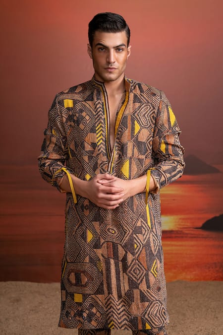 Nikita Mhaisalkar_Brown Georgette Sequins Geometric Print Kurta Set _Online_at_Aza_Fashions