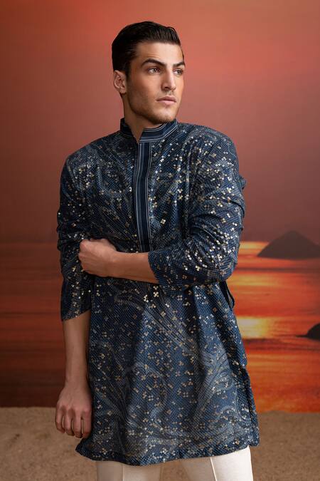 Buy_Nikita Mhaisalkar_Multi Color Georgette, Cotton Sequins Indigo Sheeted Kurta Set _Online_at_Aza_Fashions