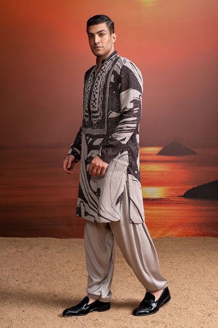 Nikita Mhaisalkar_Chocolate Georgette Sequins Printed Kurta Set _Online_at_Aza_Fashions