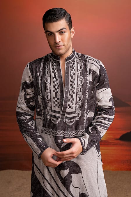 Shop_Nikita Mhaisalkar_Chocolate Georgette Sequins Printed Kurta Set _Online_at_Aza_Fashions