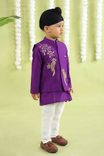 Little Brats_Purple Cotton, Silk Embroidery Bird Cord Bundi Kurta Set _Online_at_Aza_Fashions
