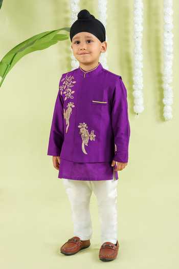 Shop_Little Brats_Purple Cotton, Silk Embroidery Bird Cord Bundi Kurta Set _Online_at_Aza_Fashions