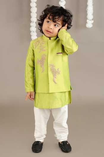 Buy_Little Brats_Green Cotton Embroidery Parrot Bundi Kurta Set _Online_at_Aza_Fashions