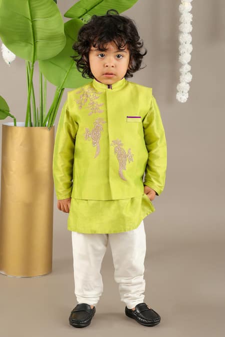 Little Brats Parrot Green Bundi Kurta Set 