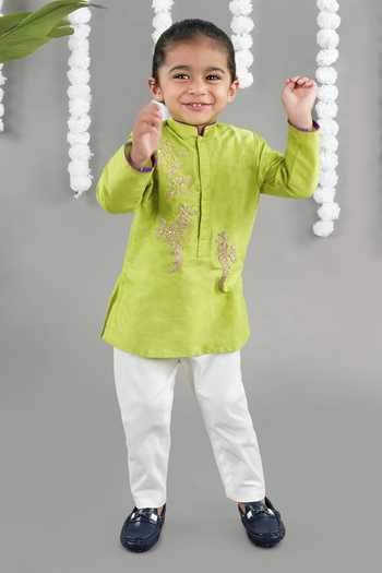 Buy_Little Brats_Green Cotton Embroidery Parrot Kurta Set With Pajama _Online_at_Aza_Fashions