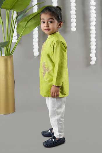 Shop_Little Brats_Green Cotton Embroidery Parrot Kurta Set With Pajama _Online_at_Aza_Fashions