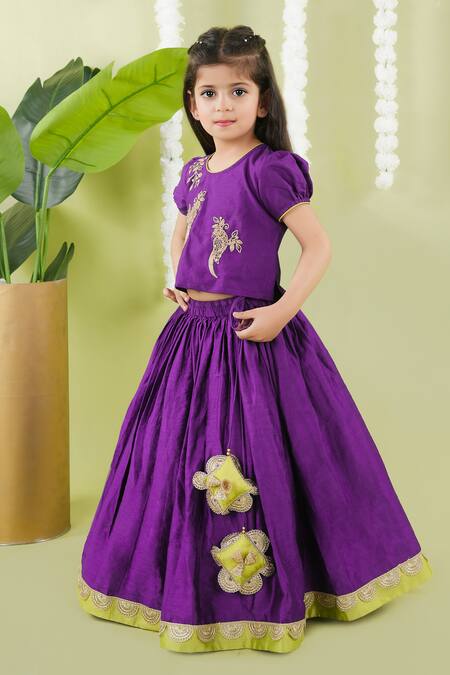 Little Brats_Purple Cotton, Chanderi Embroidery, Lace Bird Cord Blouse And Ghagara Set _Online_at_Aza_Fashions