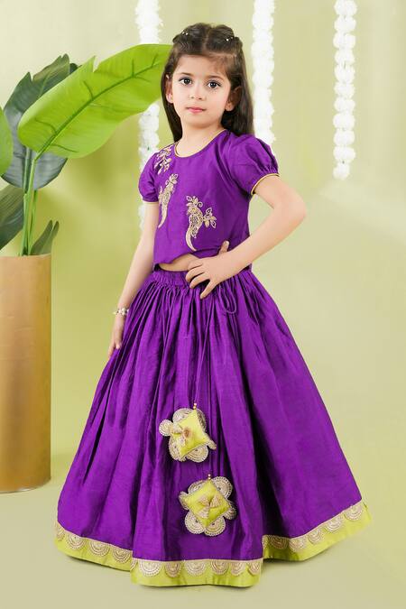 Shop_Little Brats_Purple Cotton, Chanderi Embroidery, Lace Bird Cord Blouse And Ghagara Set _Online_at_Aza_Fashions