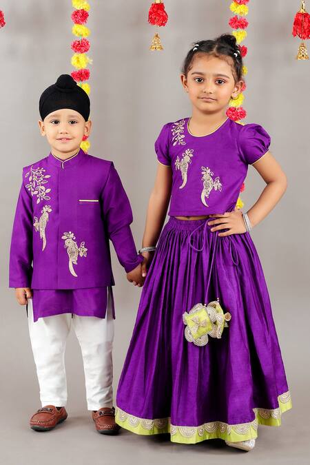 Little Brats_Purple Cotton, Chanderi Embroidery, Lace Bird Cord Blouse And Ghagara Set _at_Aza_Fashions