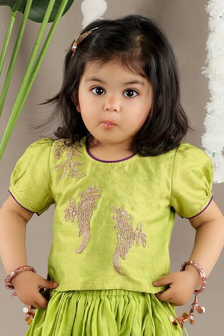 Little Brats Green Cotton, Silk, Chanderi Embroidery, Lace Bird Cord Blouse And Ghagara Set Online at Aza Fashions Little Brats_Green Cotton, Silk, Chanderi Embroidery, Lace Bird Cord Blouse And Ghagara Set _Online_at_Aza_Fashions