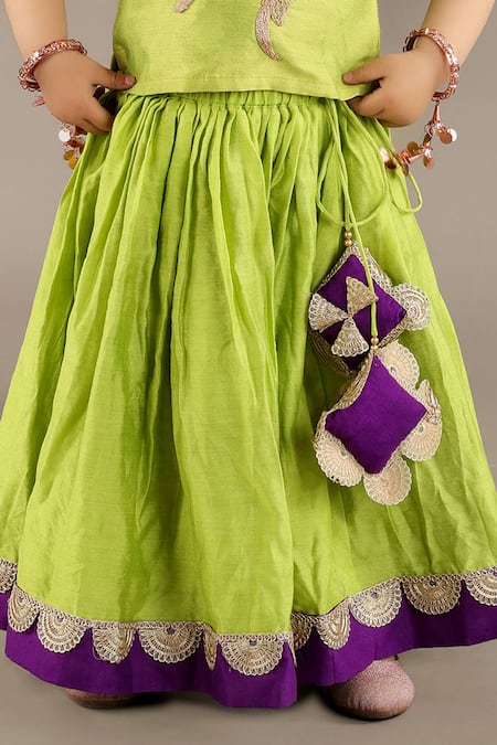Buy Little Brats Green Cotton, Silk, Chanderi Embroidery, Lace Bird Cord Blouse And Ghagara Set Online at Aza Fashions Buy_Little Brats_Green Cotton, Silk, Chanderi Embroidery, Lace Bird Cord Blouse And Ghagara Set _Online_at_Aza_Fashions