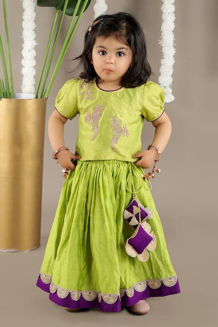 Shop Little Brats Green Cotton, Silk, Chanderi Embroidery, Lace Bird Cord Blouse And Ghagara Set Online at Aza Fashions Shop_Little Brats_Green Cotton, Silk, Chanderi Embroidery, Lace Bird Cord Blouse And Ghagara Set _Online_at_Aza_Fashions